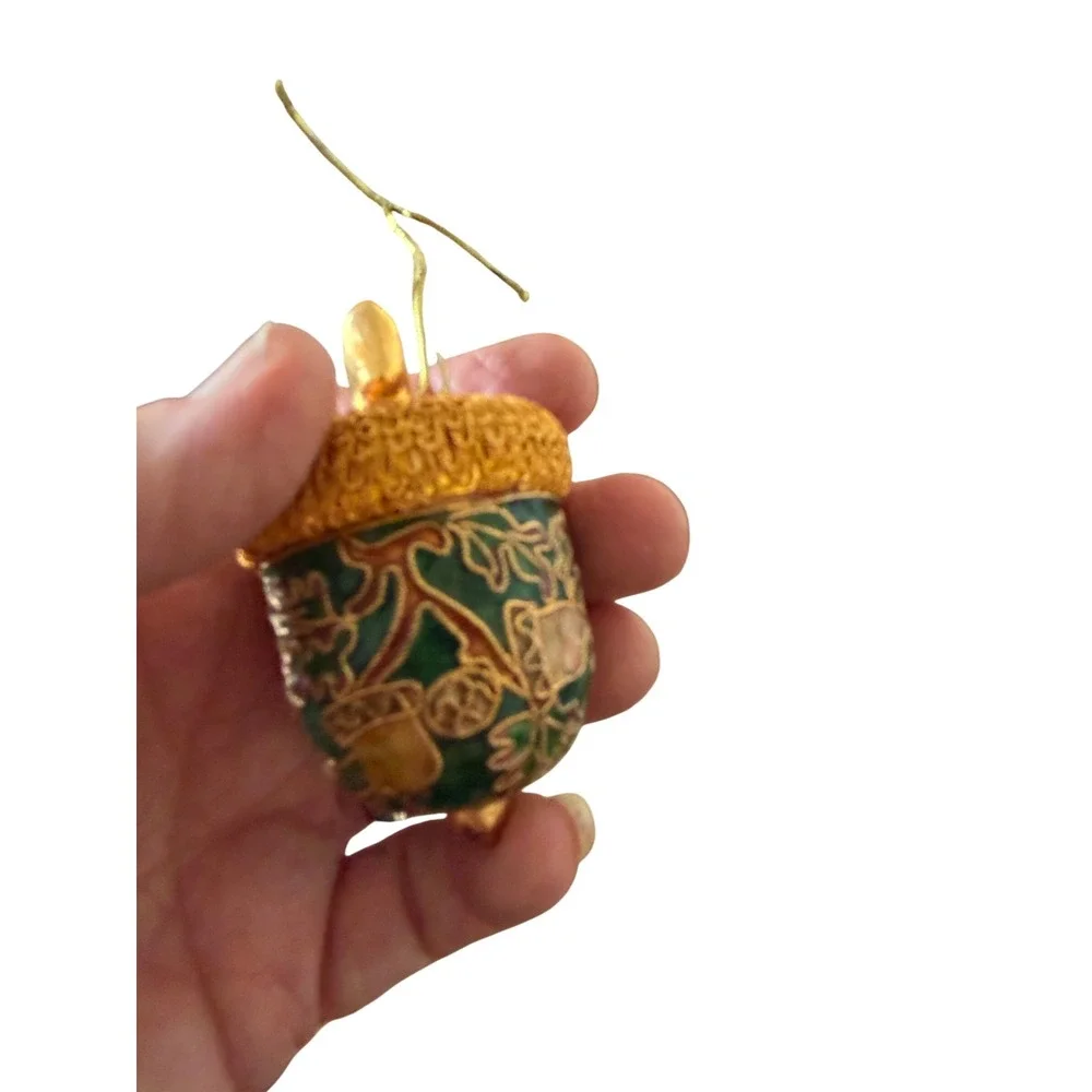 Value Arts Handmade Cloisonne Acorn Ornament Green Gold Oak Leaf Filigree Decor
